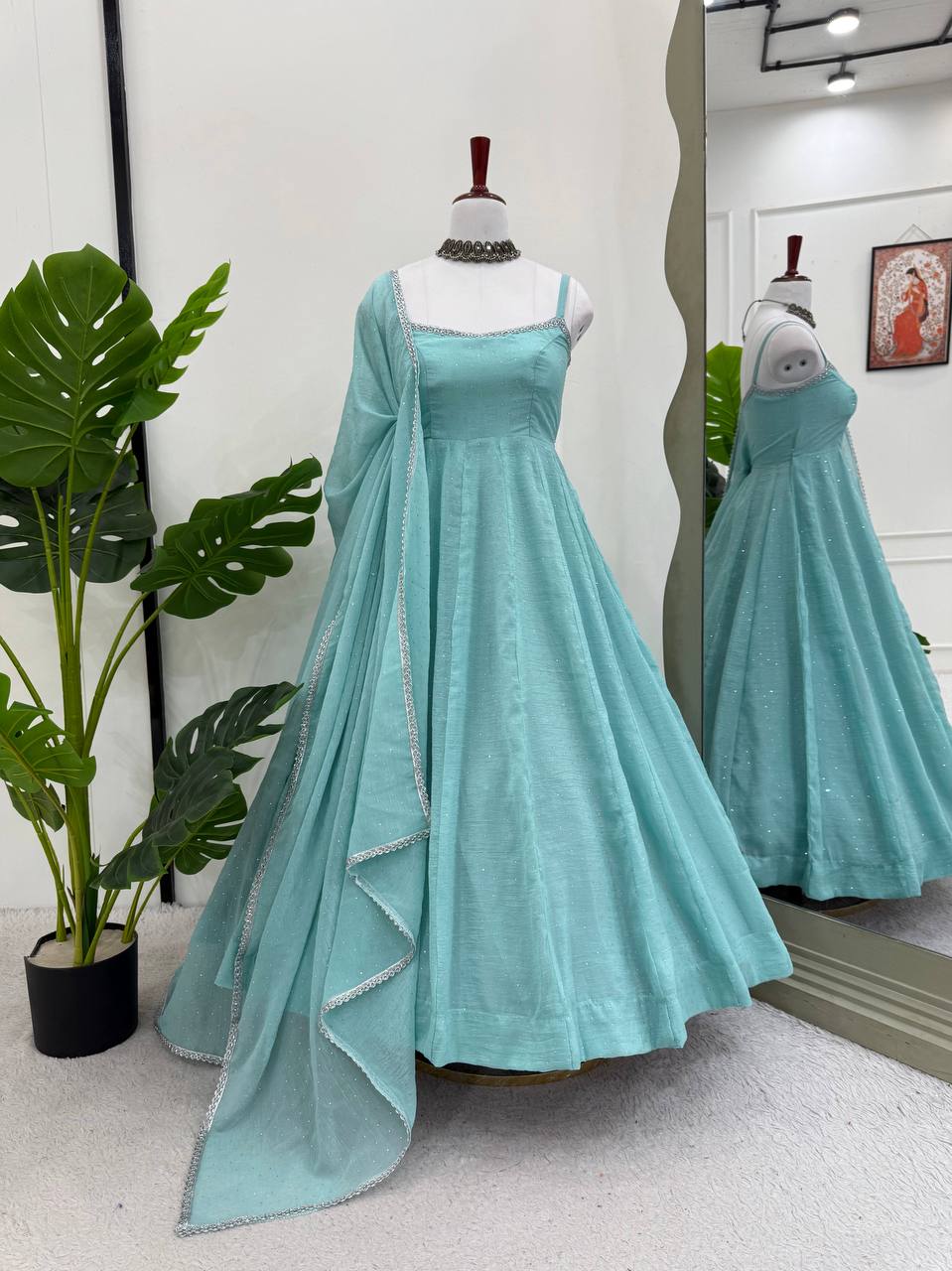 Blue crunch silk hot fixing work top-pant and dupatta set