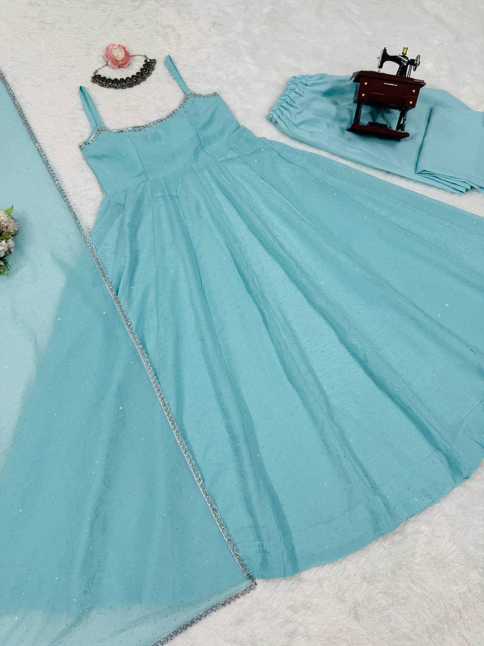 Blue crunch silk hot fixing work top-pant and dupatta set