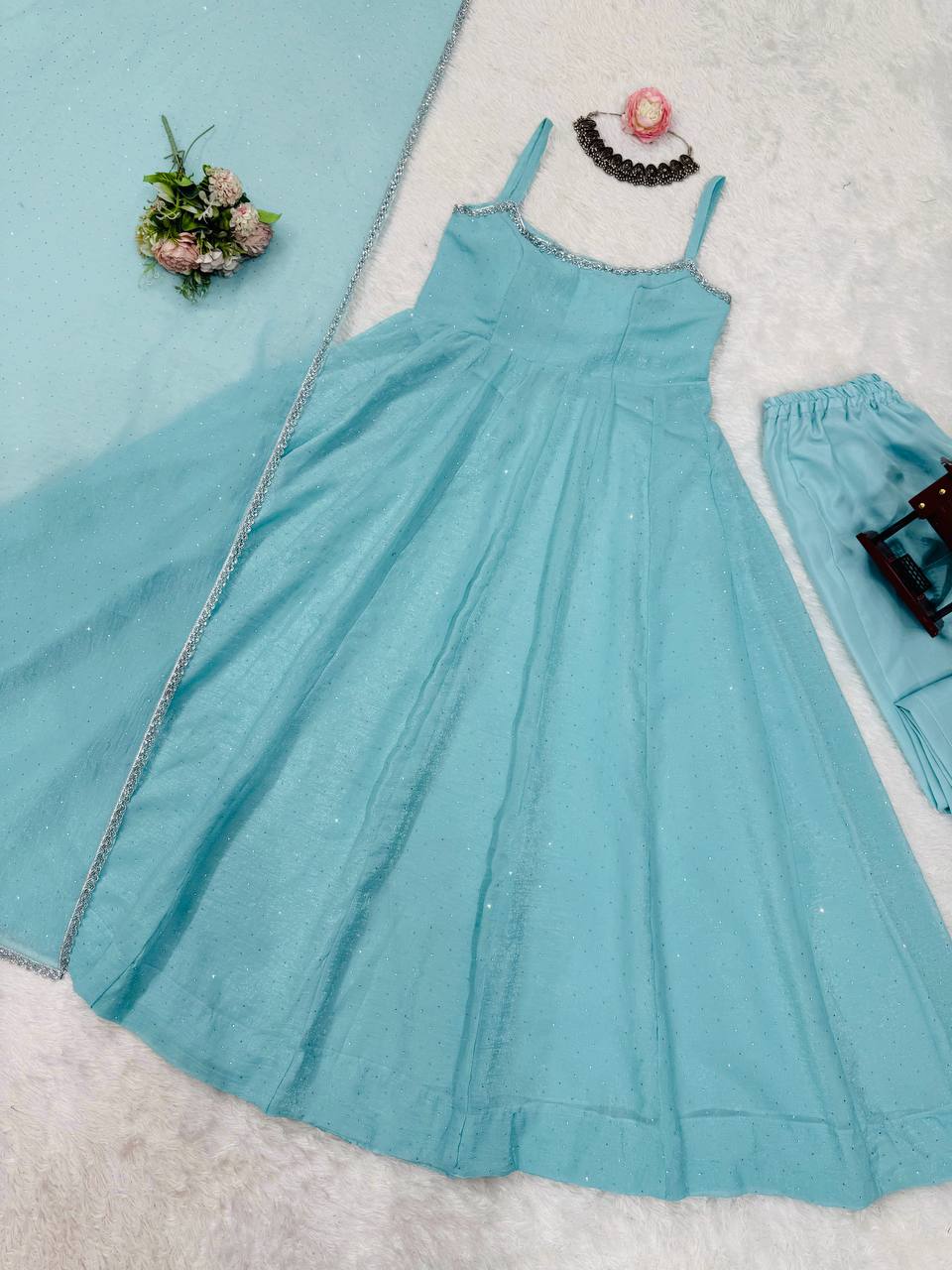 Blue crunch silk hot fixing work top-pant and dupatta set