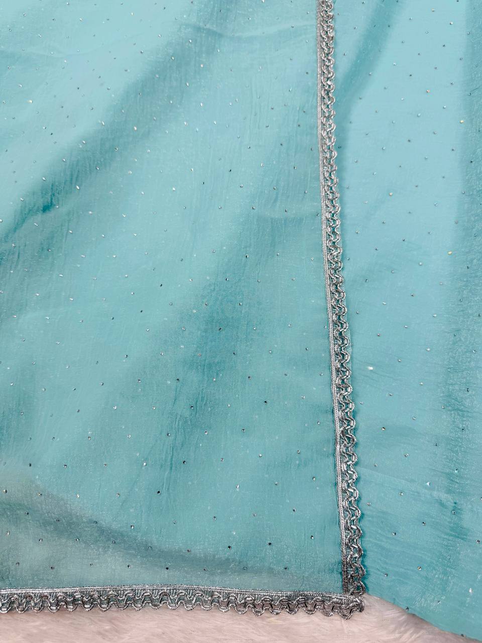 Blue crunch silk hot fixing work top-pant and dupatta set