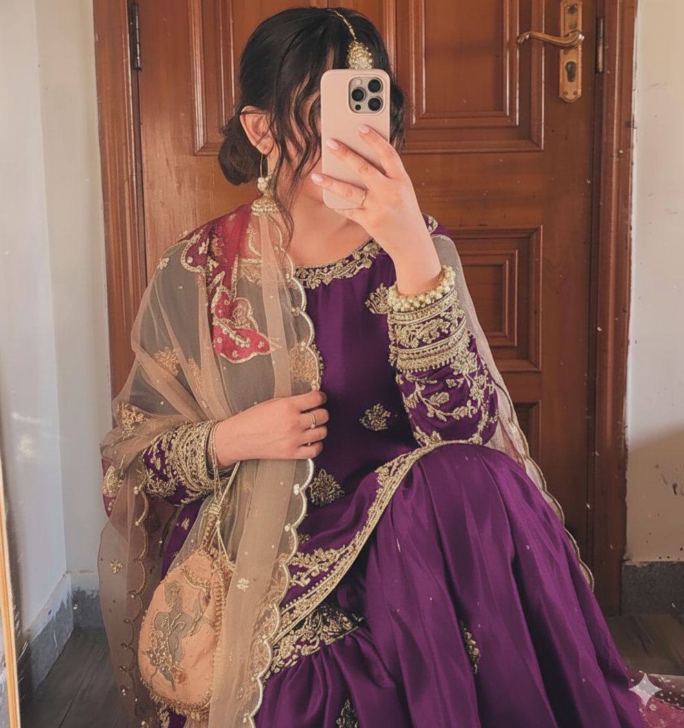 Purple chinon sequence embroidery work suit sharara and Dupatta
