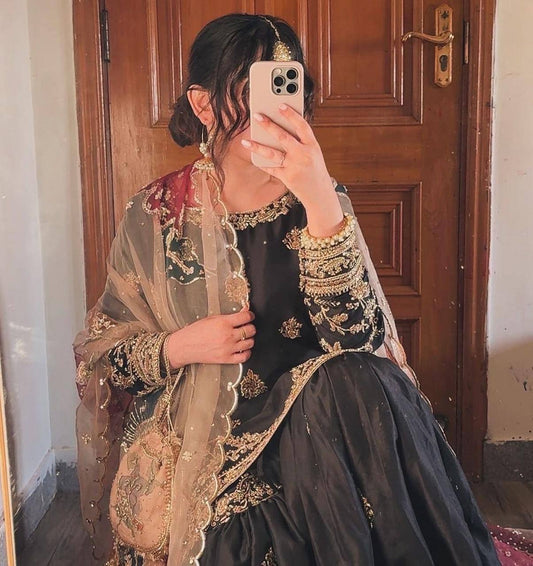 Black chinon sequence embroidery work suit sharara and Dupatta