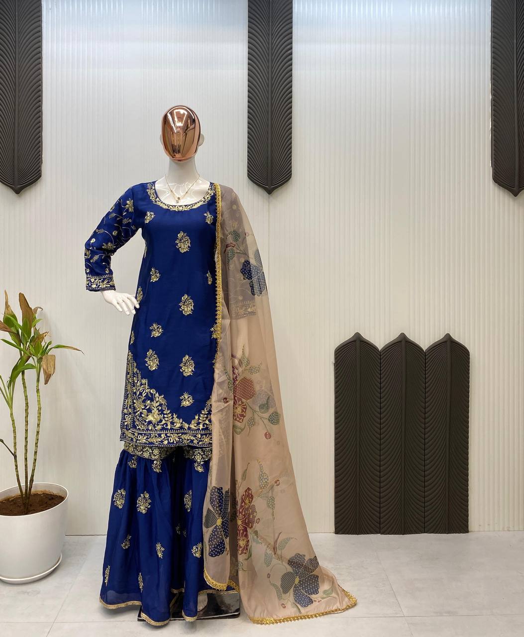Blue chinon sequence embroidery work suit sharara and Dupatta