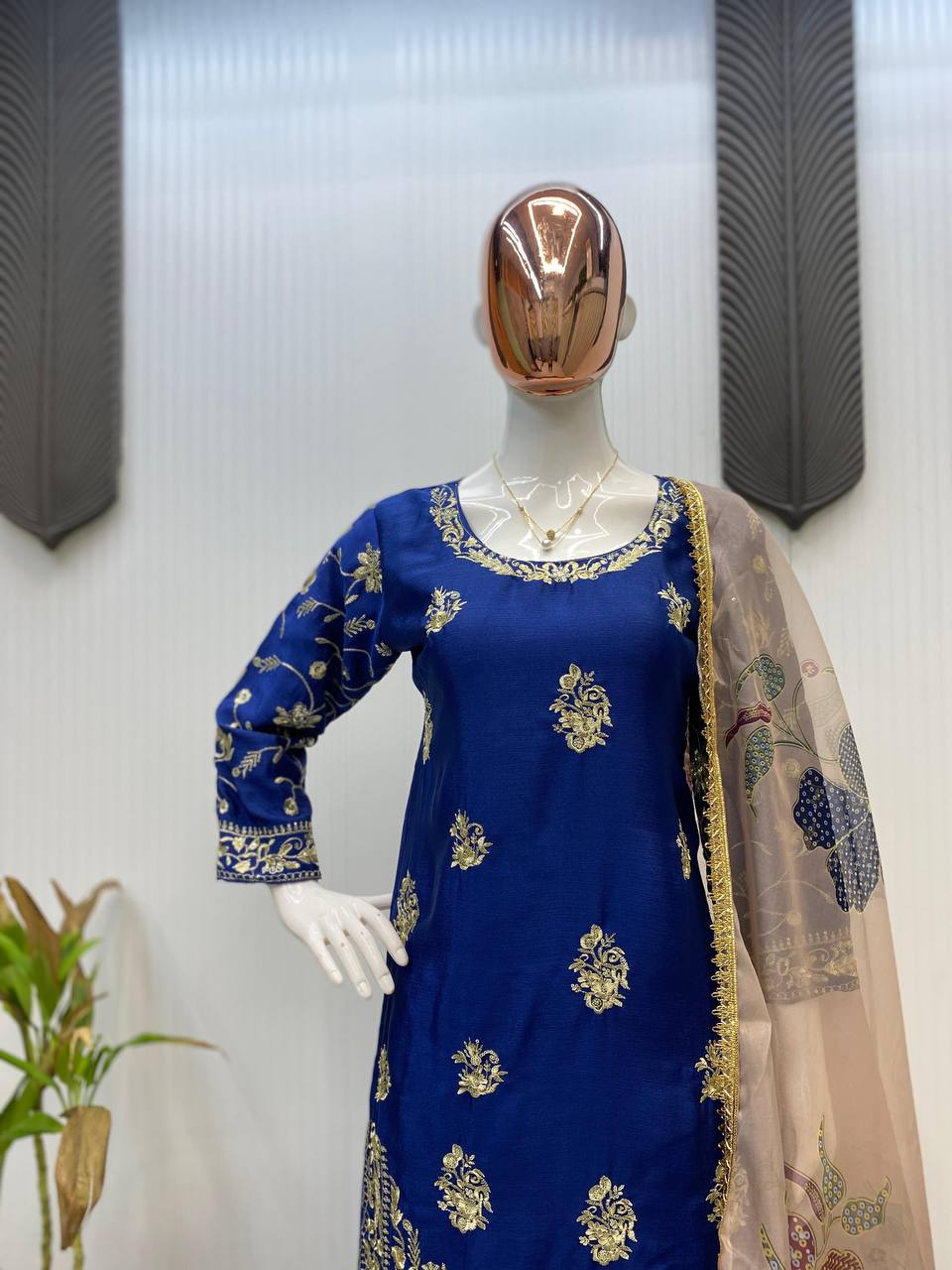 Blue chinon sequence embroidery work suit sharara and Dupatta