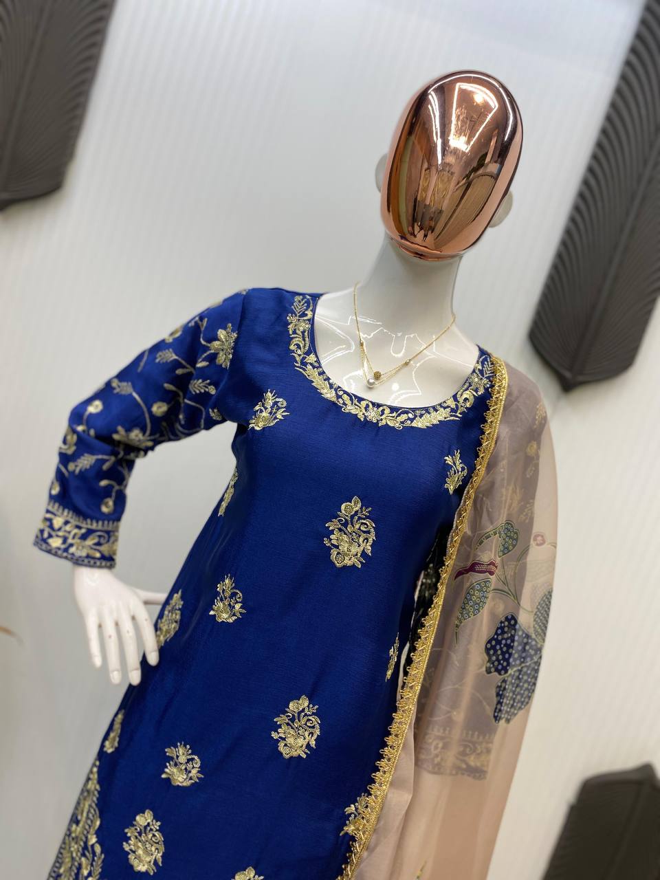 Blue chinon sequence embroidery work suit sharara and Dupatta