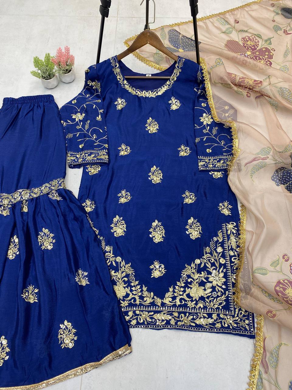 Blue chinon sequence embroidery work suit sharara and Dupatta