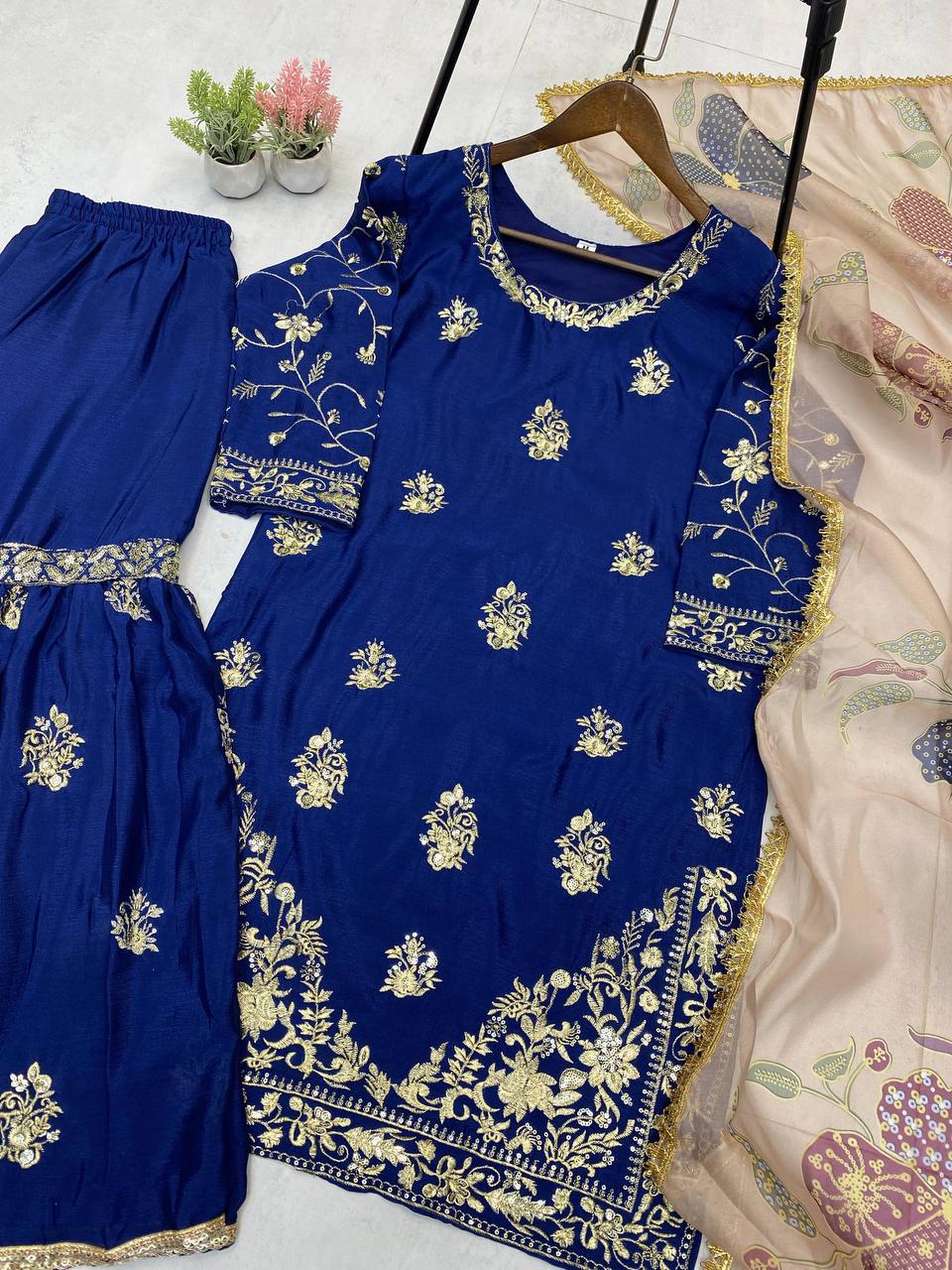 Blue chinon sequence embroidery work suit sharara and Dupatta