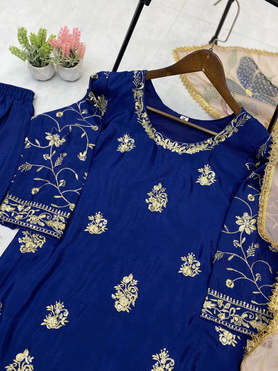 Blue chinon sequence embroidery work suit sharara and Dupatta