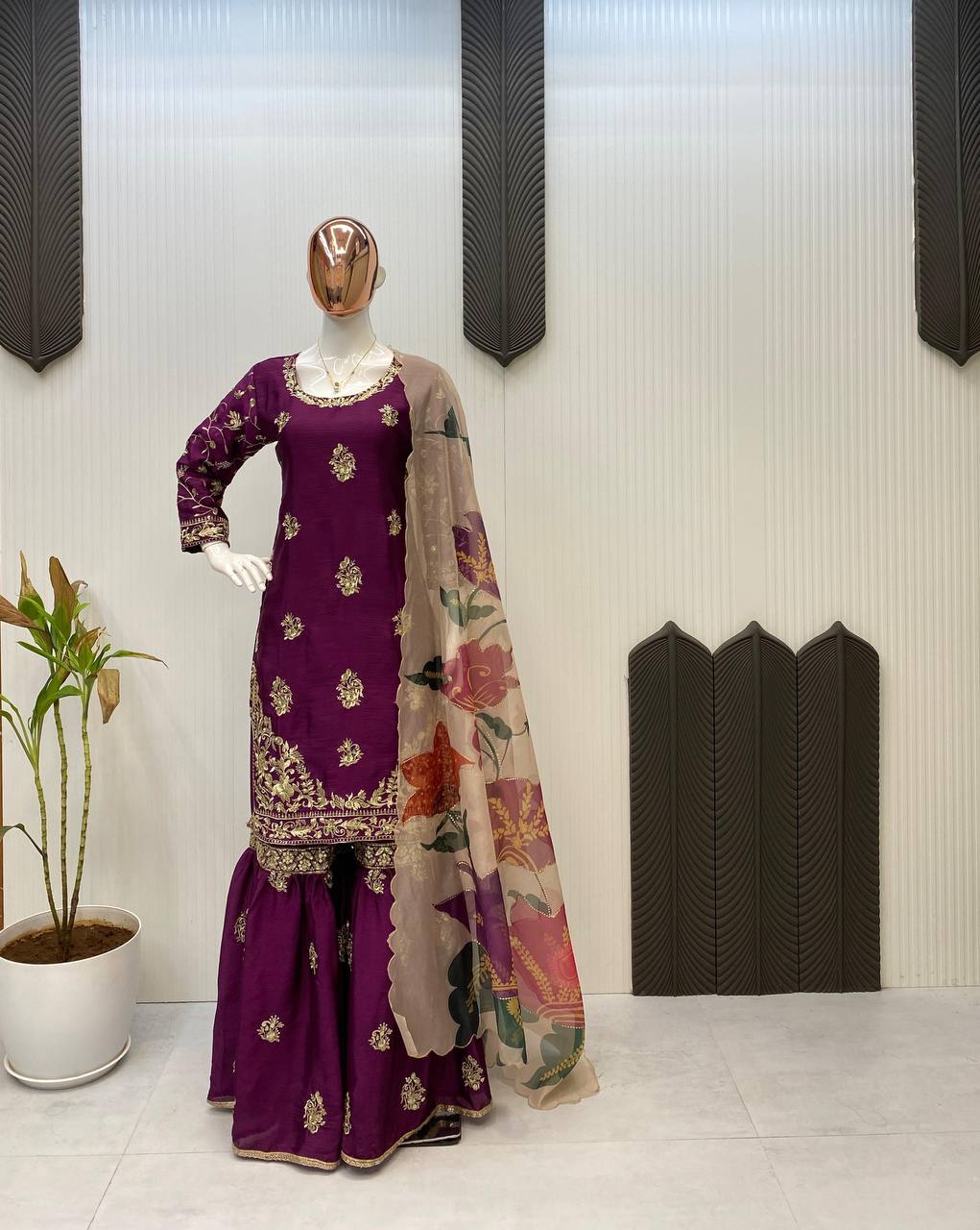 Purple chinon sequence embroidery work suit sharara and Dupatta