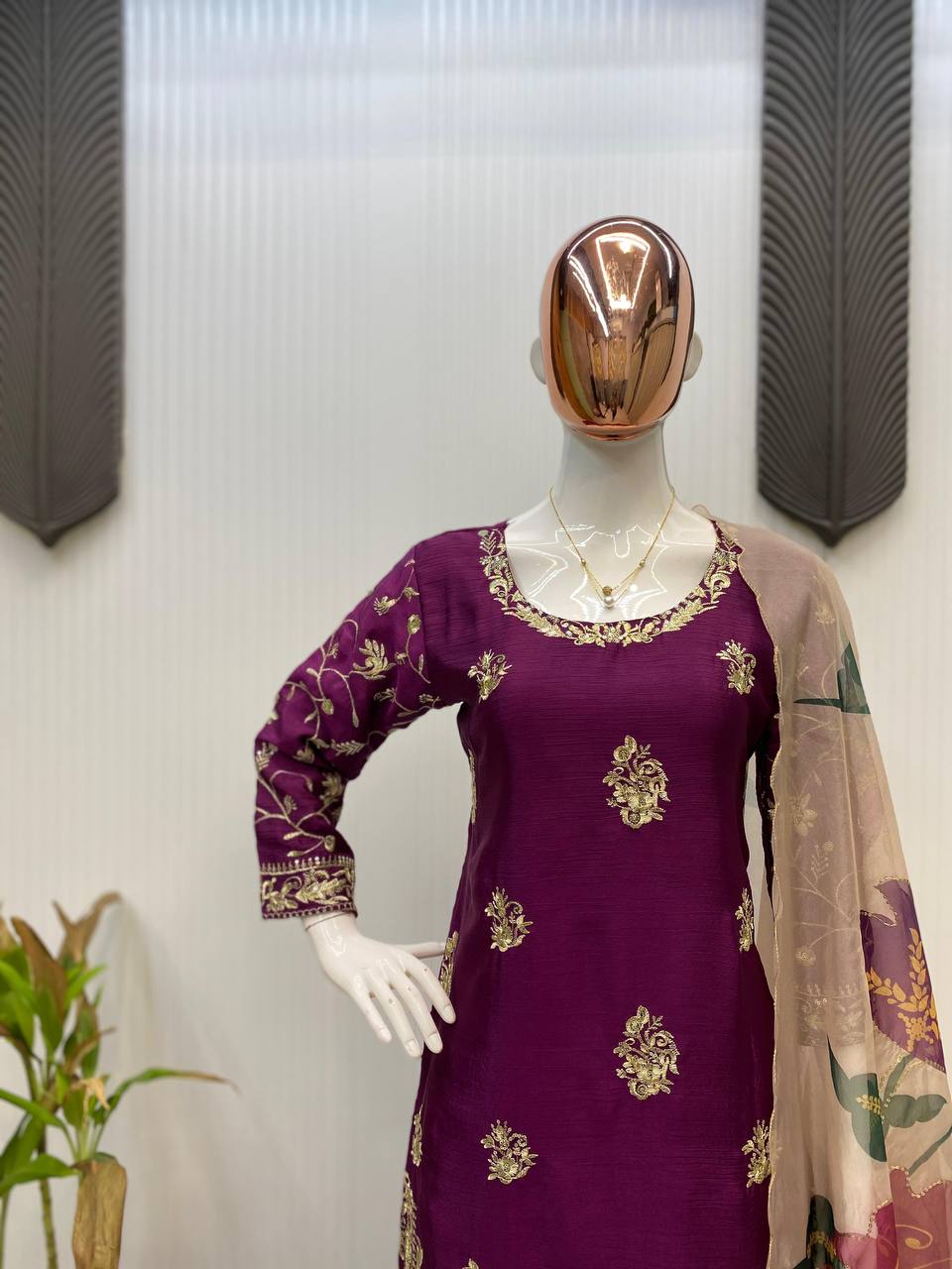 Purple chinon sequence embroidery work suit sharara and Dupatta