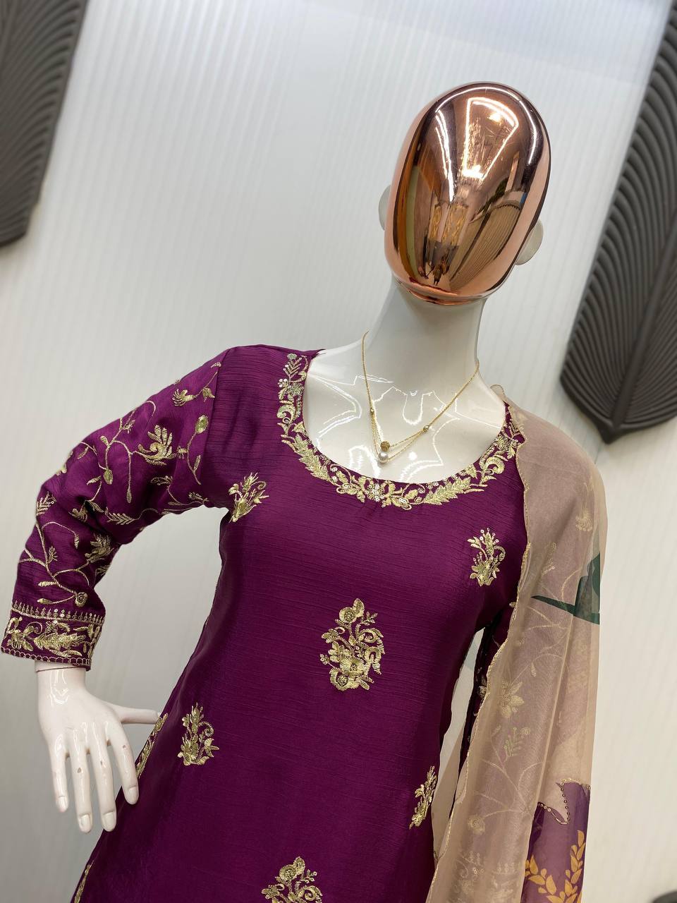 Purple chinon sequence embroidery work suit sharara and Dupatta