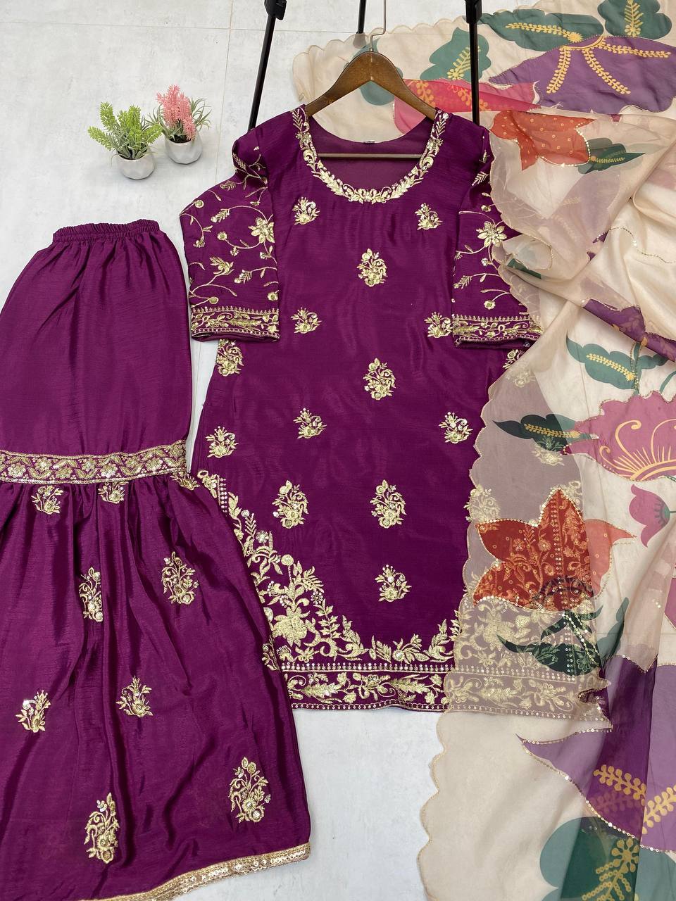 Purple chinon sequence embroidery work suit sharara and Dupatta
