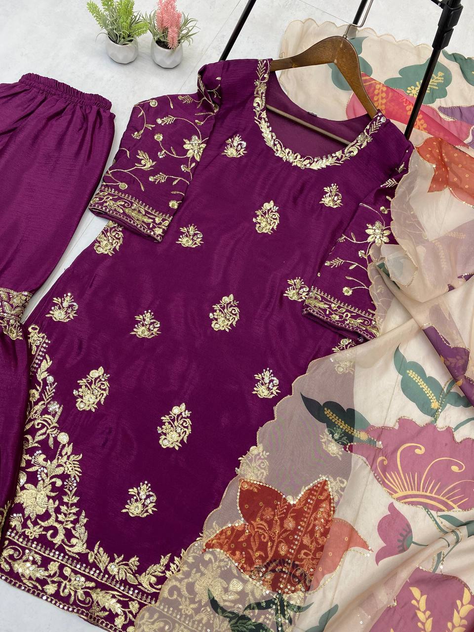 Purple chinon sequence embroidery work suit sharara and Dupatta