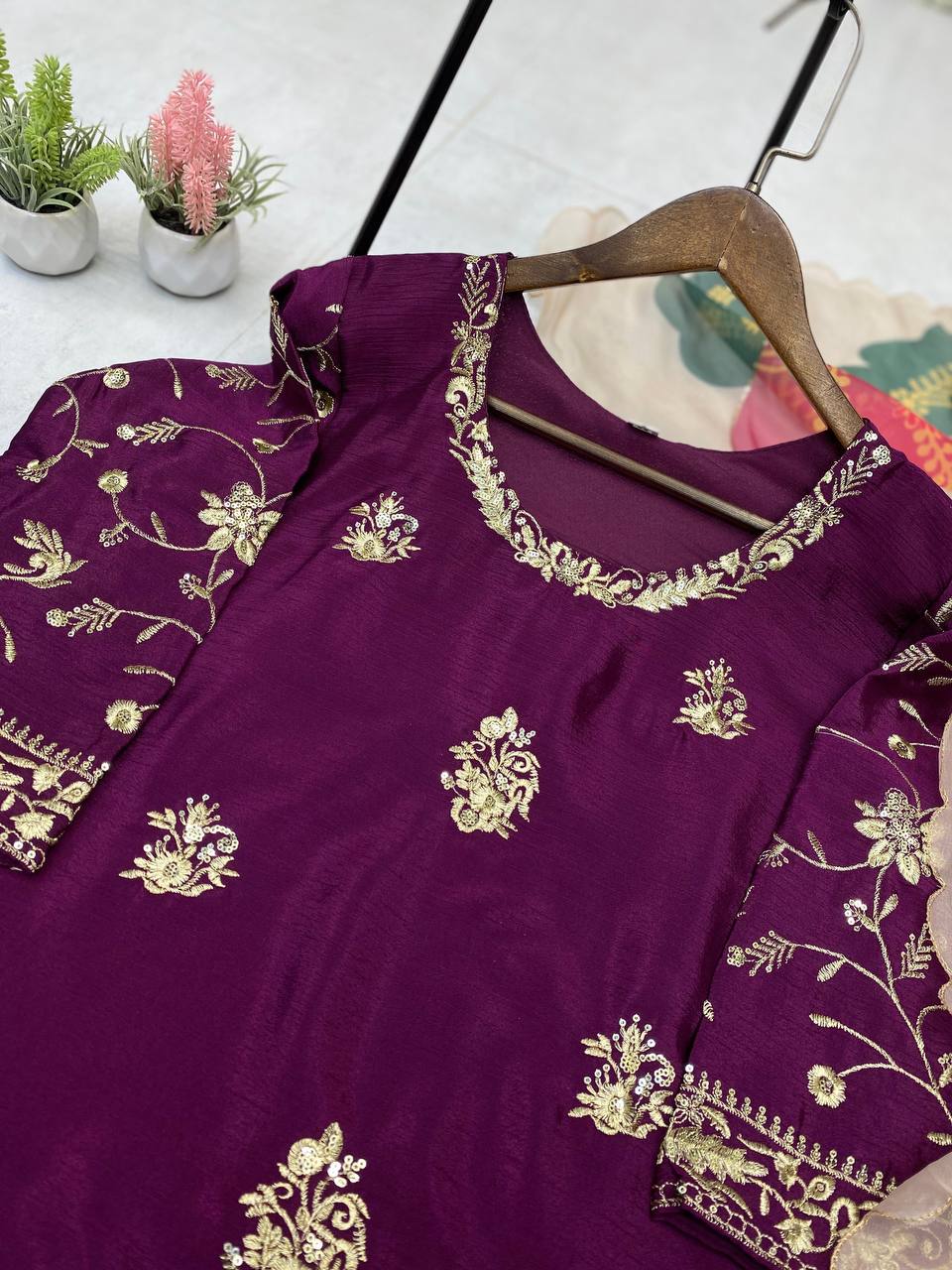 Purple chinon sequence embroidery work suit sharara and Dupatta
