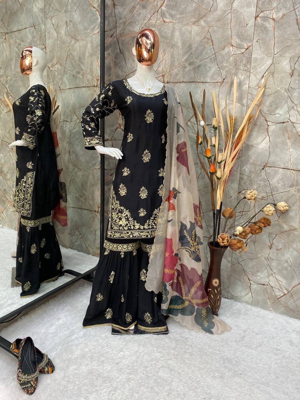 Black chinon sequence embroidery work suit sharara and Dupatta
