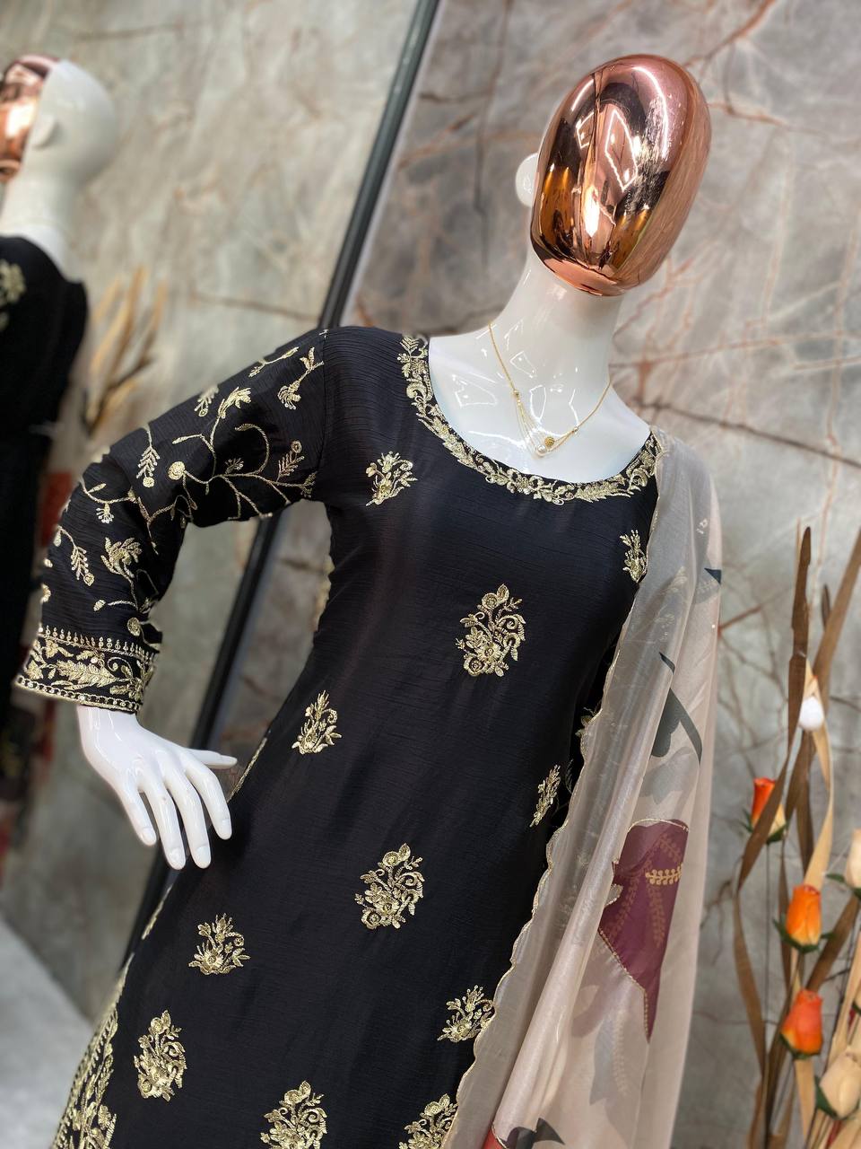 Black chinon sequence embroidery work suit sharara and Dupatta