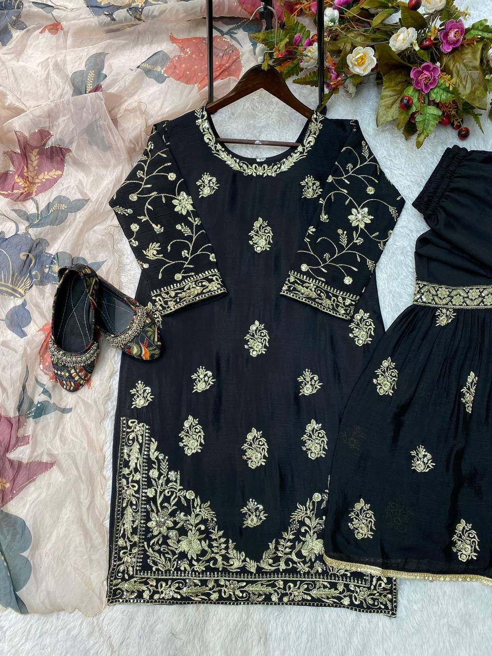 Black chinon sequence embroidery work suit sharara and Dupatta