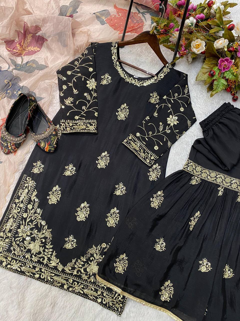 Black chinon sequence embroidery work suit sharara and Dupatta