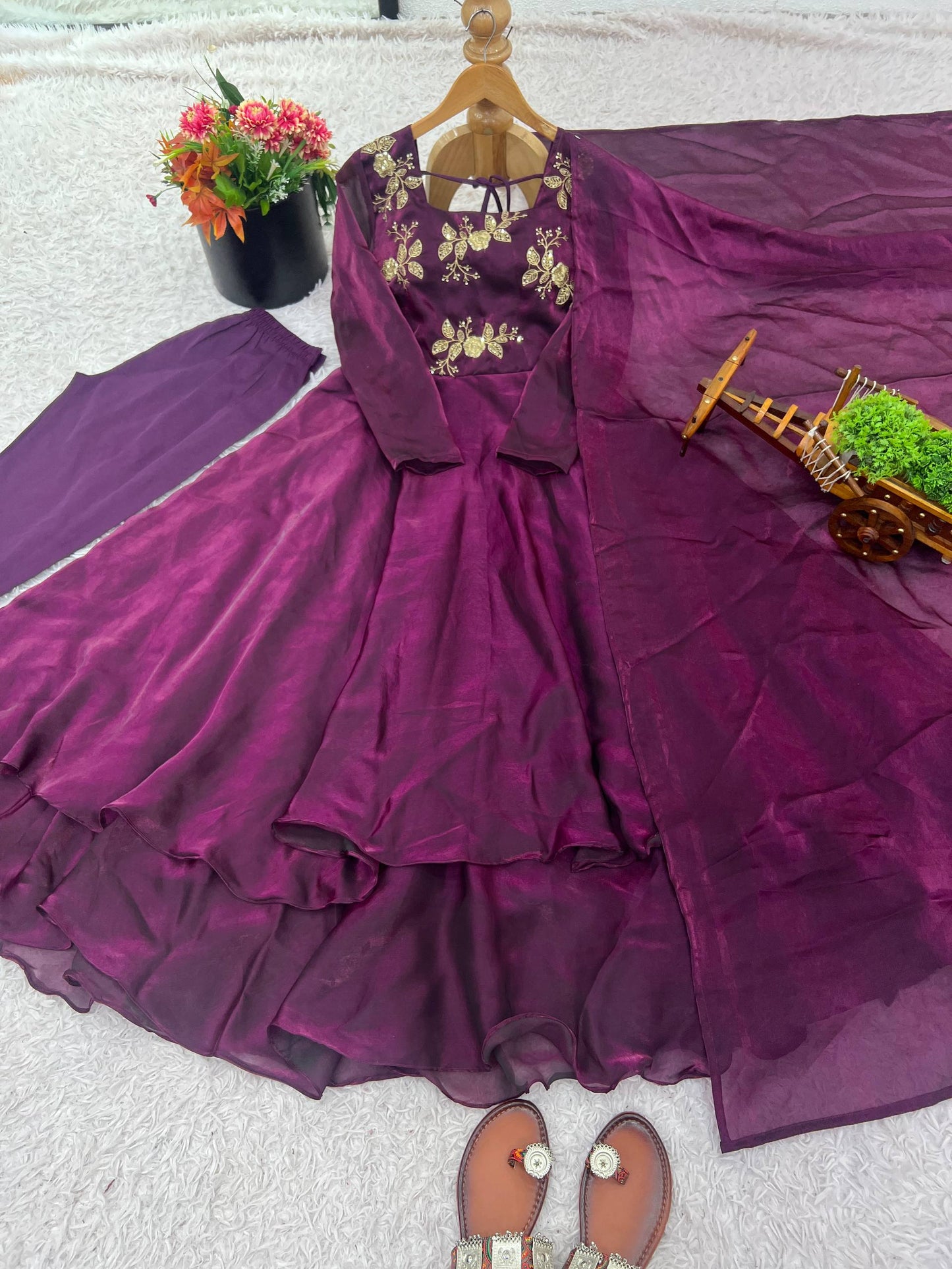 Purple heavy fandy silk with embroidery sequence work gown-dupatta and bottom