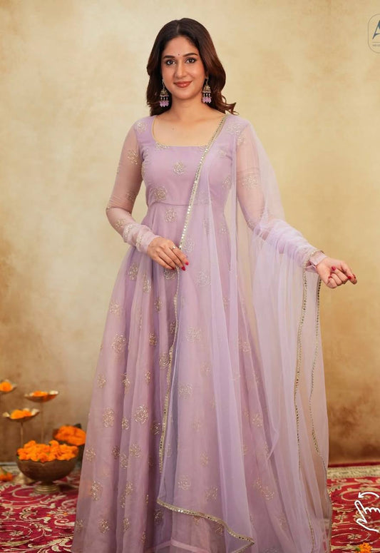 Light purple soft organza embroidery work gown-pant and dupatta set
