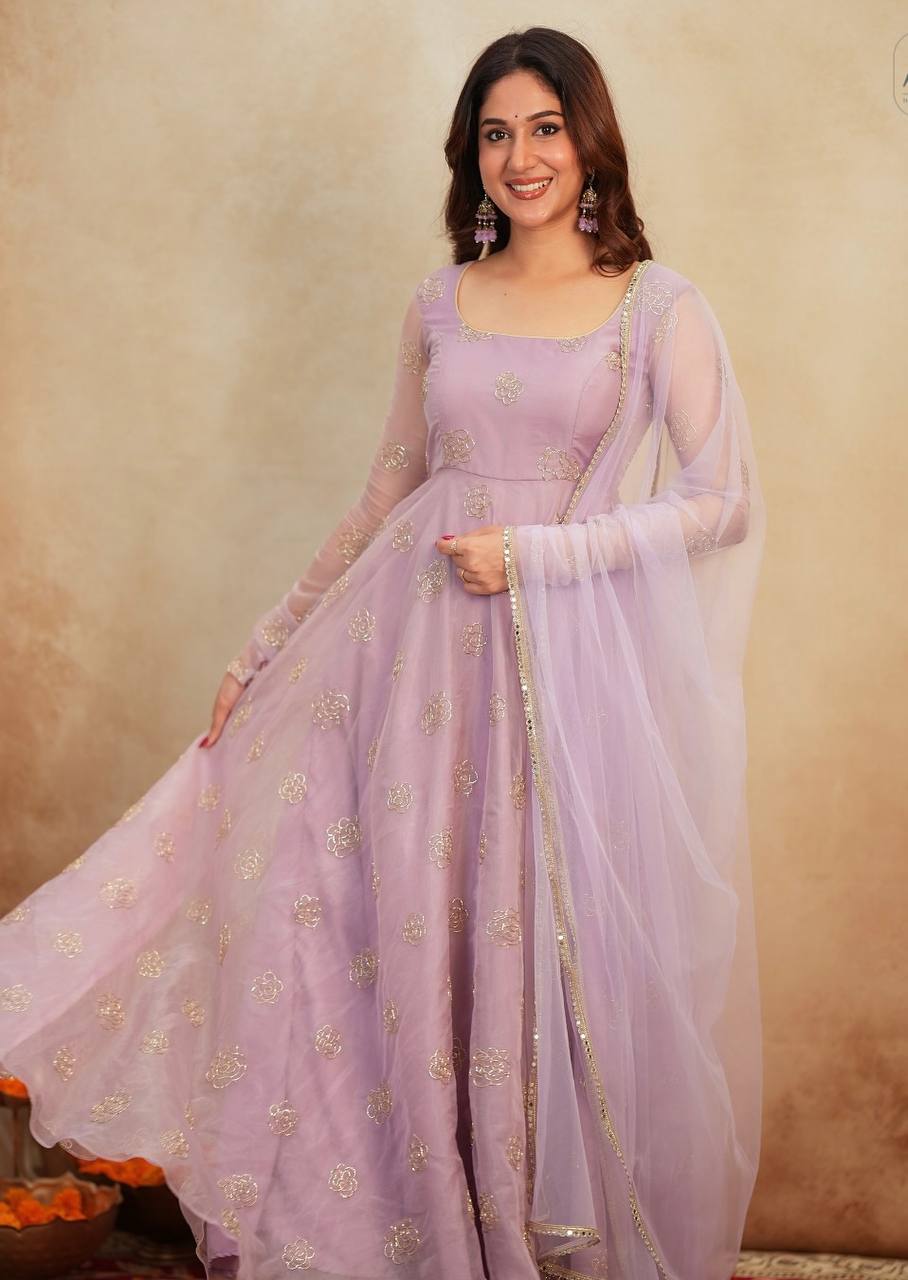 Light purple soft organza embroidery work gown-pant and dupatta set