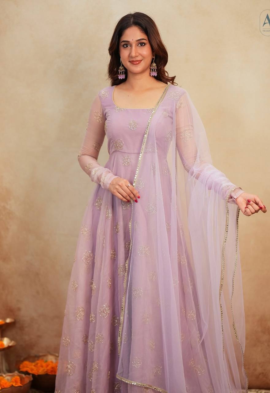 Light purple soft organza embroidery work gown-pant and dupatta set
