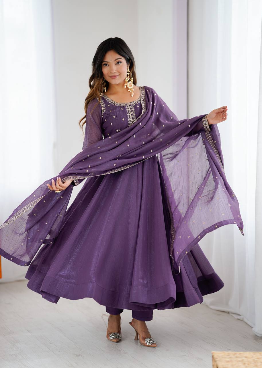 Purple pure crunchy silk embroidery sequence dori and jari work top & bottom & dupatta