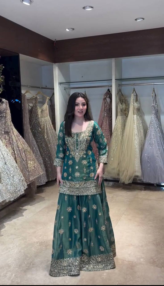 Sky blue pure gmy silk with embroidery 5mm Sequences work ready to wear dress