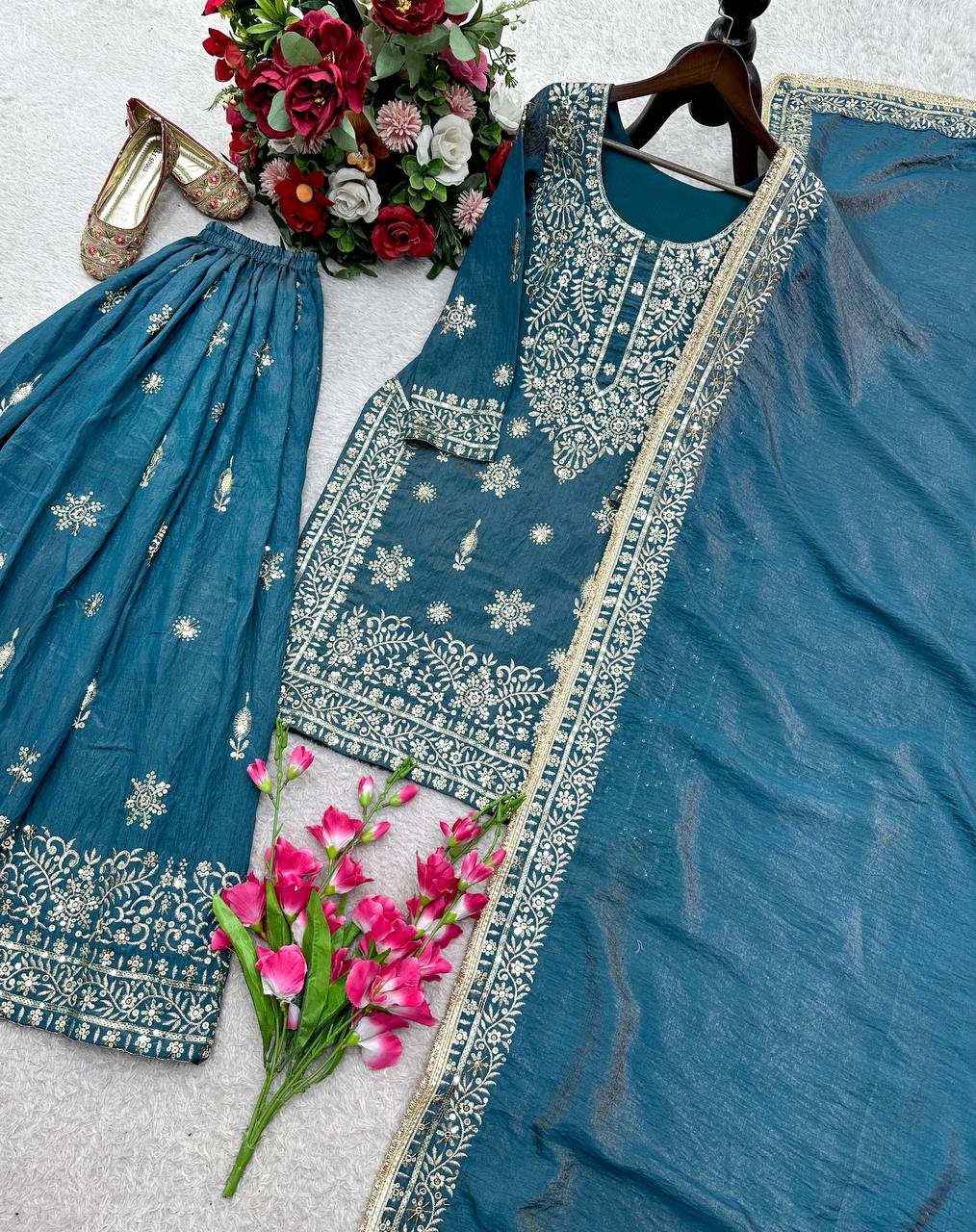 Sky blue pure gmy silk with embroidery 5mm Sequences work ready to wear dress