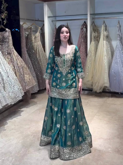 Sky blue pure gmy silk with embroidery 5mm Sequences work ready to wear dress