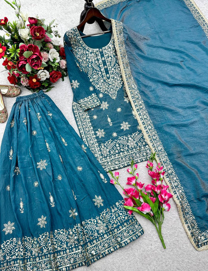 Sky blue pure gmy silk with embroidery 5mm Sequences work ready to wear dress