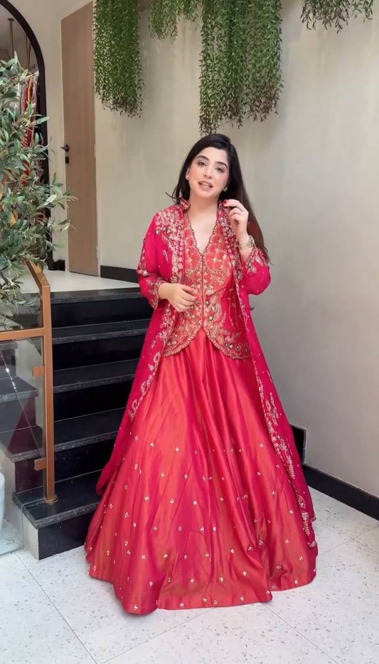 Red Pure simmer embroidery sequence & thread work lehenga koti set