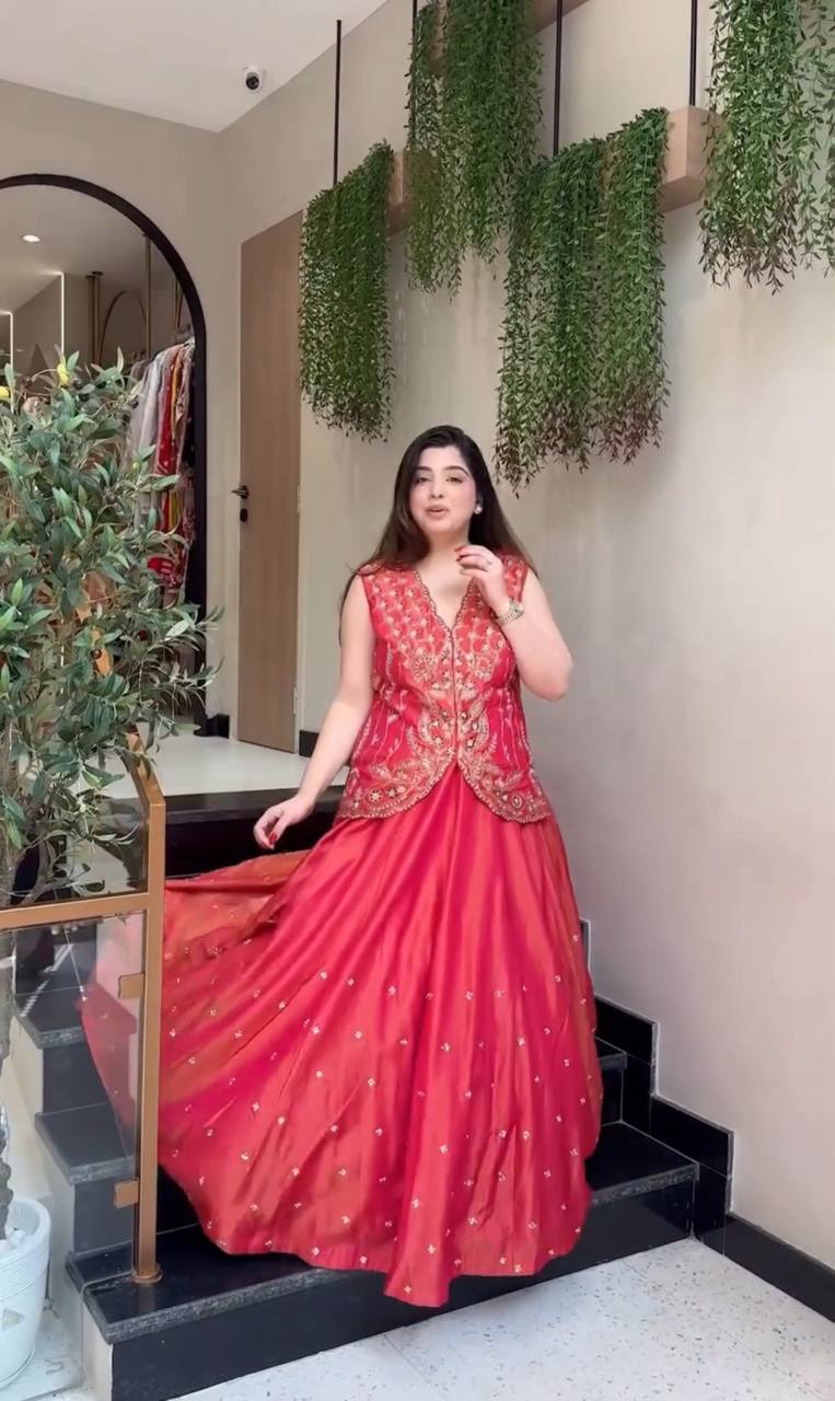 Red Pure simmer embroidery sequence & thread work lehenga koti set