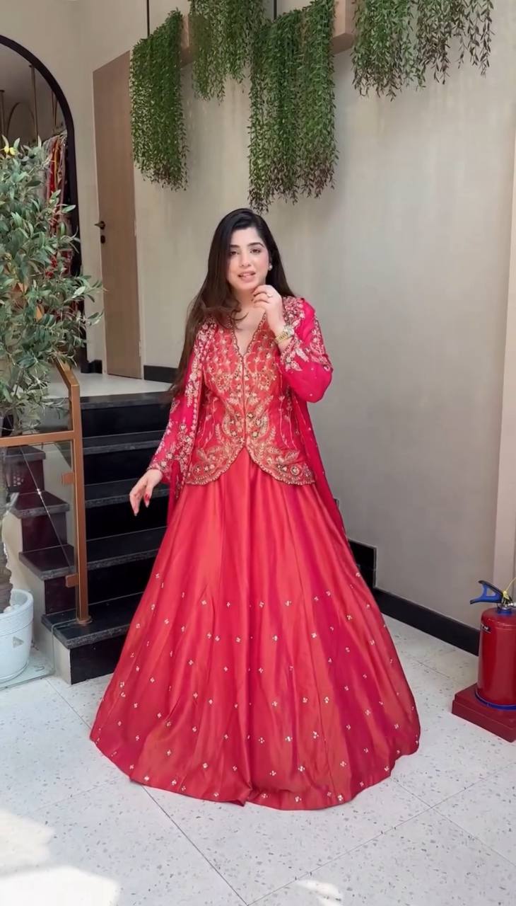 Red Pure simmer embroidery sequence & thread work lehenga koti set