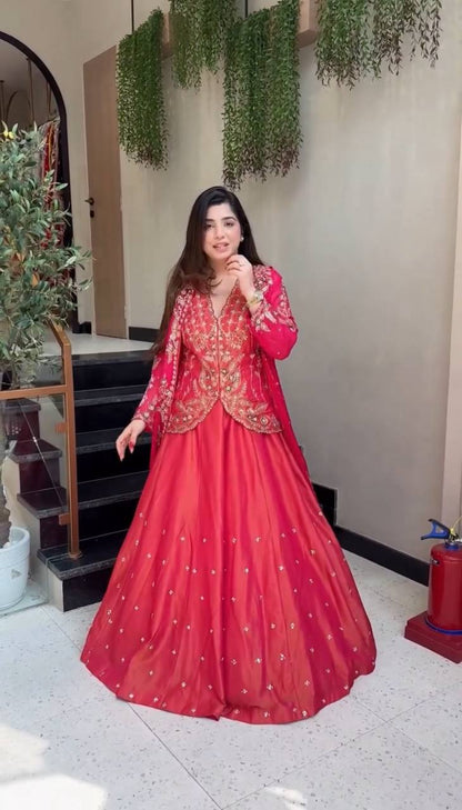 Red Pure simmer embroidery sequence & thread work lehenga koti set