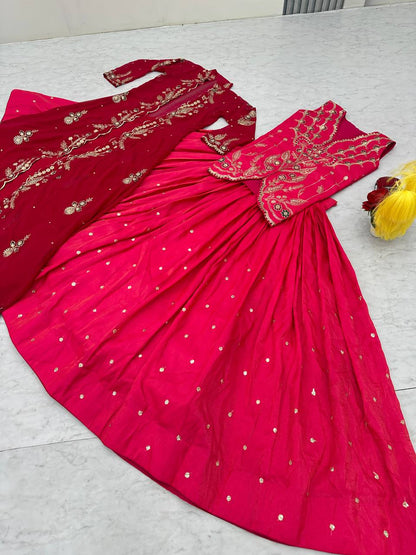 Red Pure simmer embroidery sequence & thread work lehenga koti set