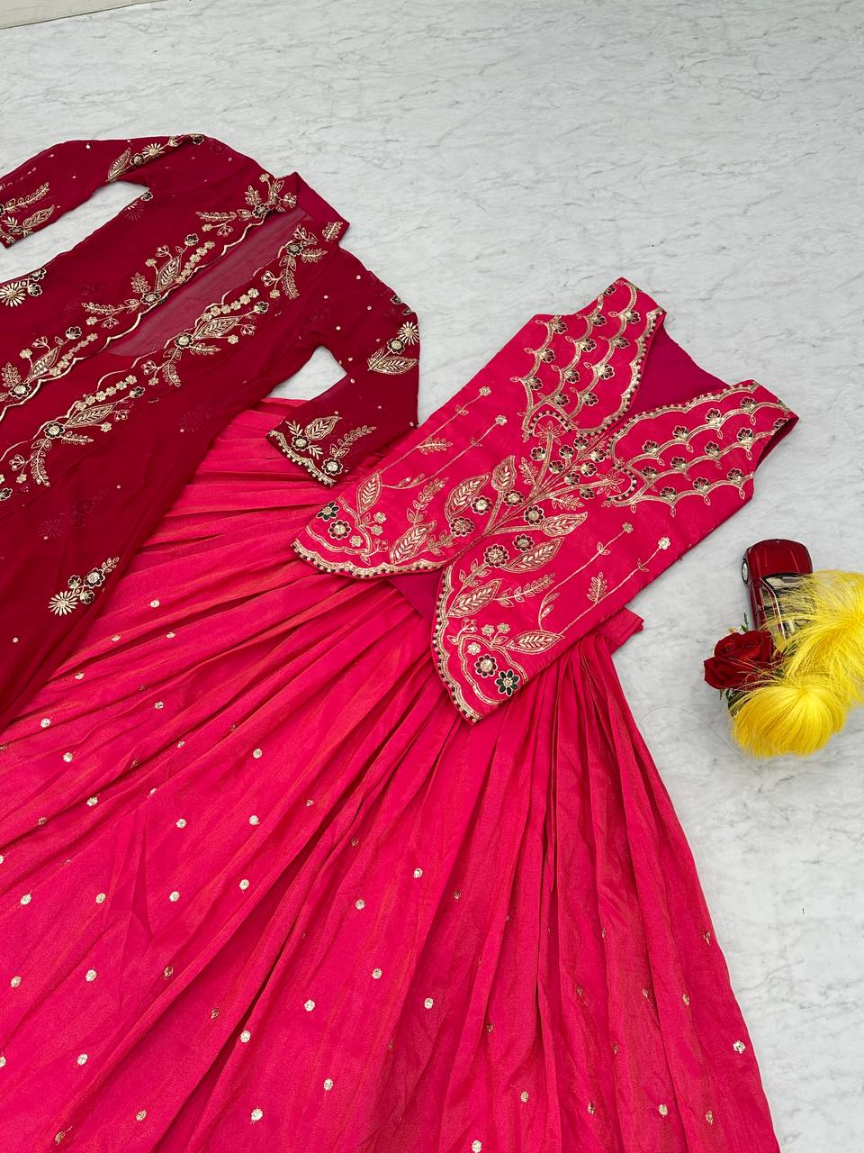 Red Pure simmer embroidery sequence & thread work lehenga koti set
