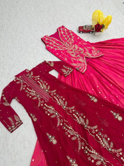Red Pure simmer embroidery sequence & thread work lehenga koti set