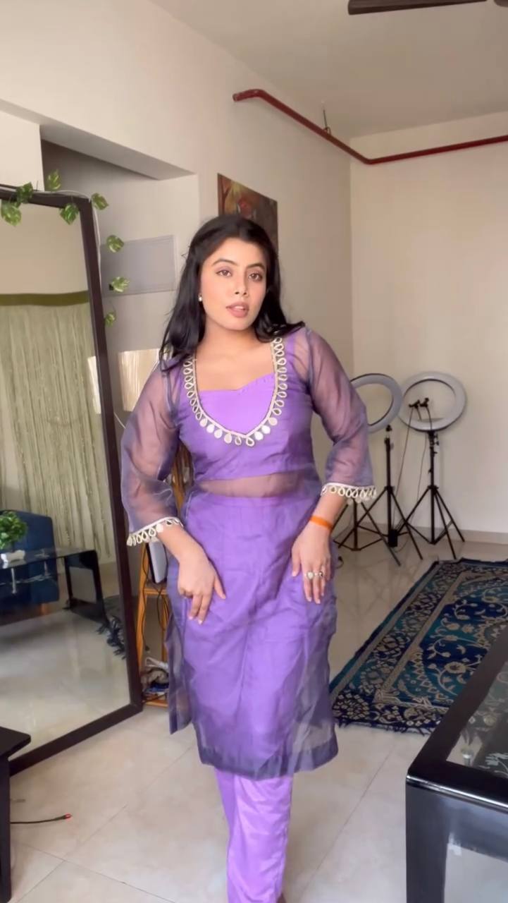 Light purple organza silk thread with mirror work top-pant and blouse set
