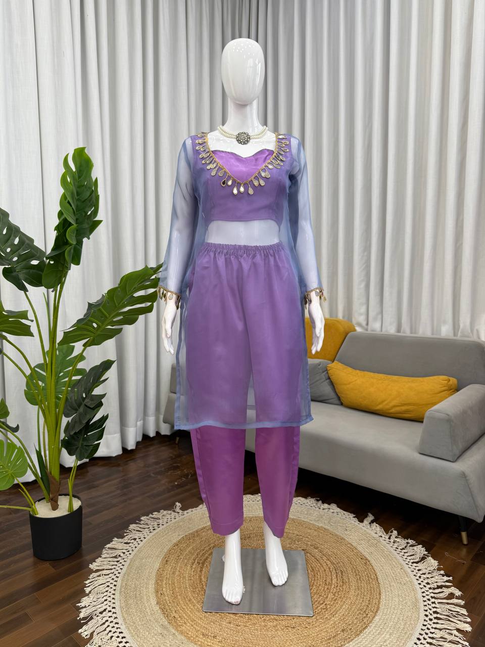 Light purple organza silk thread with mirror work top-pant and blouse set