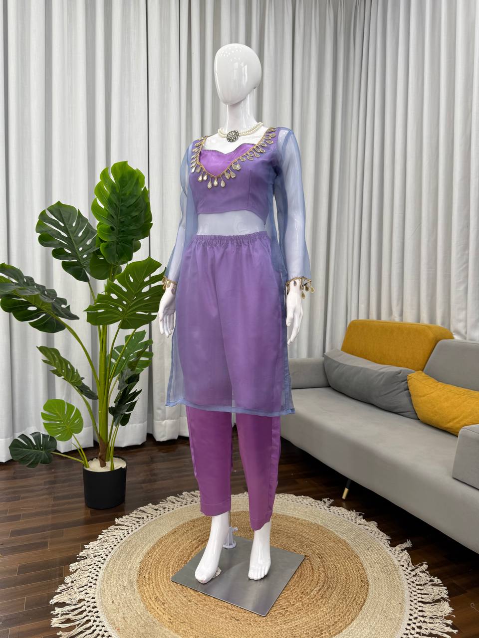 Light purple organza silk thread with mirror work top-pant and blouse set