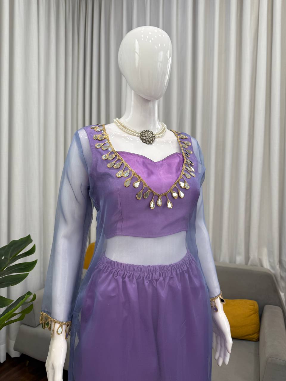 Light purple organza silk thread with mirror work top-pant and blouse set