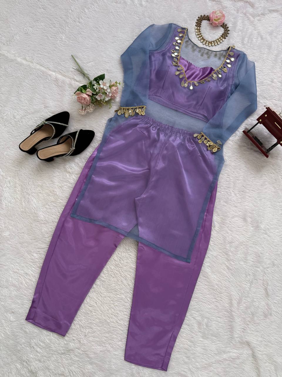Light purple organza silk thread with mirror work top-pant and blouse set
