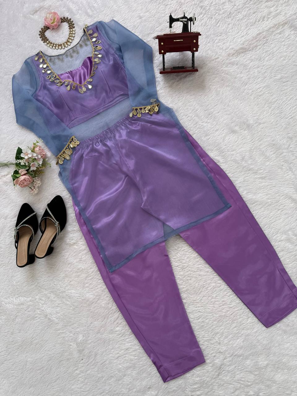 Light purple organza silk thread with mirror work top-pant and blouse set