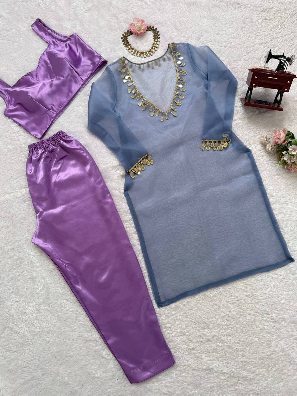 Light purple organza silk thread with mirror work top-pant and blouse set