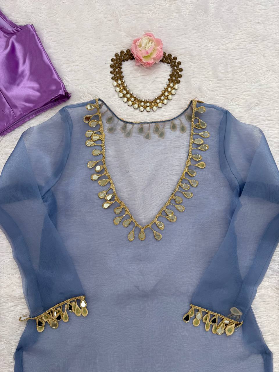 Light purple organza silk thread with mirror work top-pant and blouse set