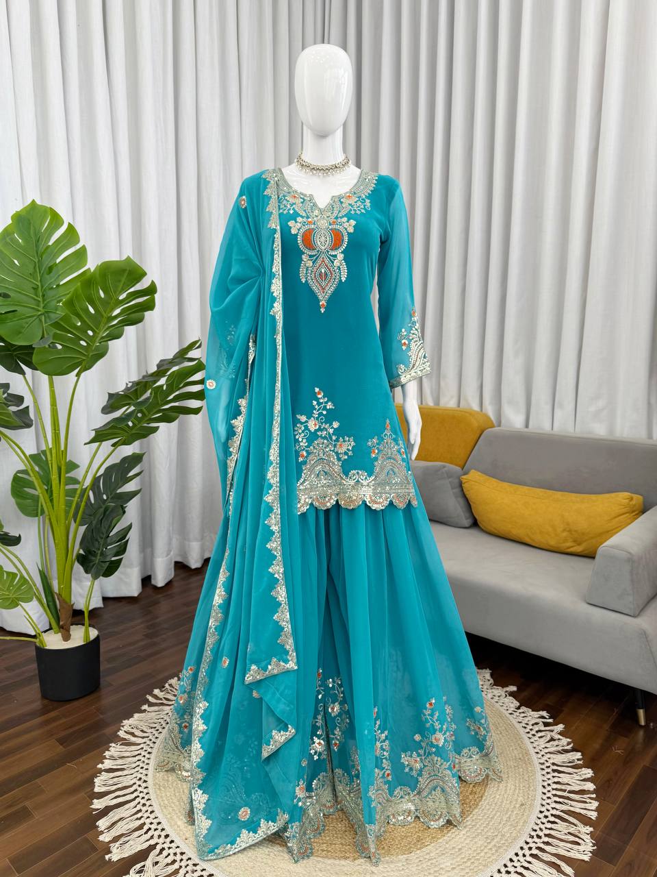 Sky blue faux georgette thread & sequence work top-sharara and dupatta set