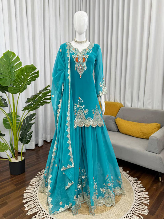 Sky blue faux georgette thread & sequence work top-sharara and dupatta set