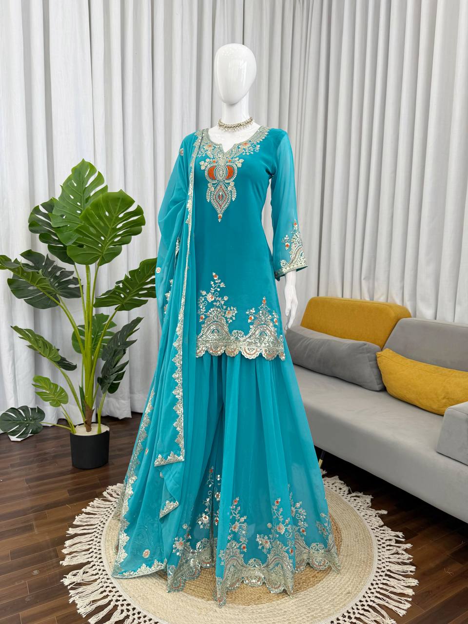 Sky blue faux georgette thread & sequence work top-sharara and dupatta set
