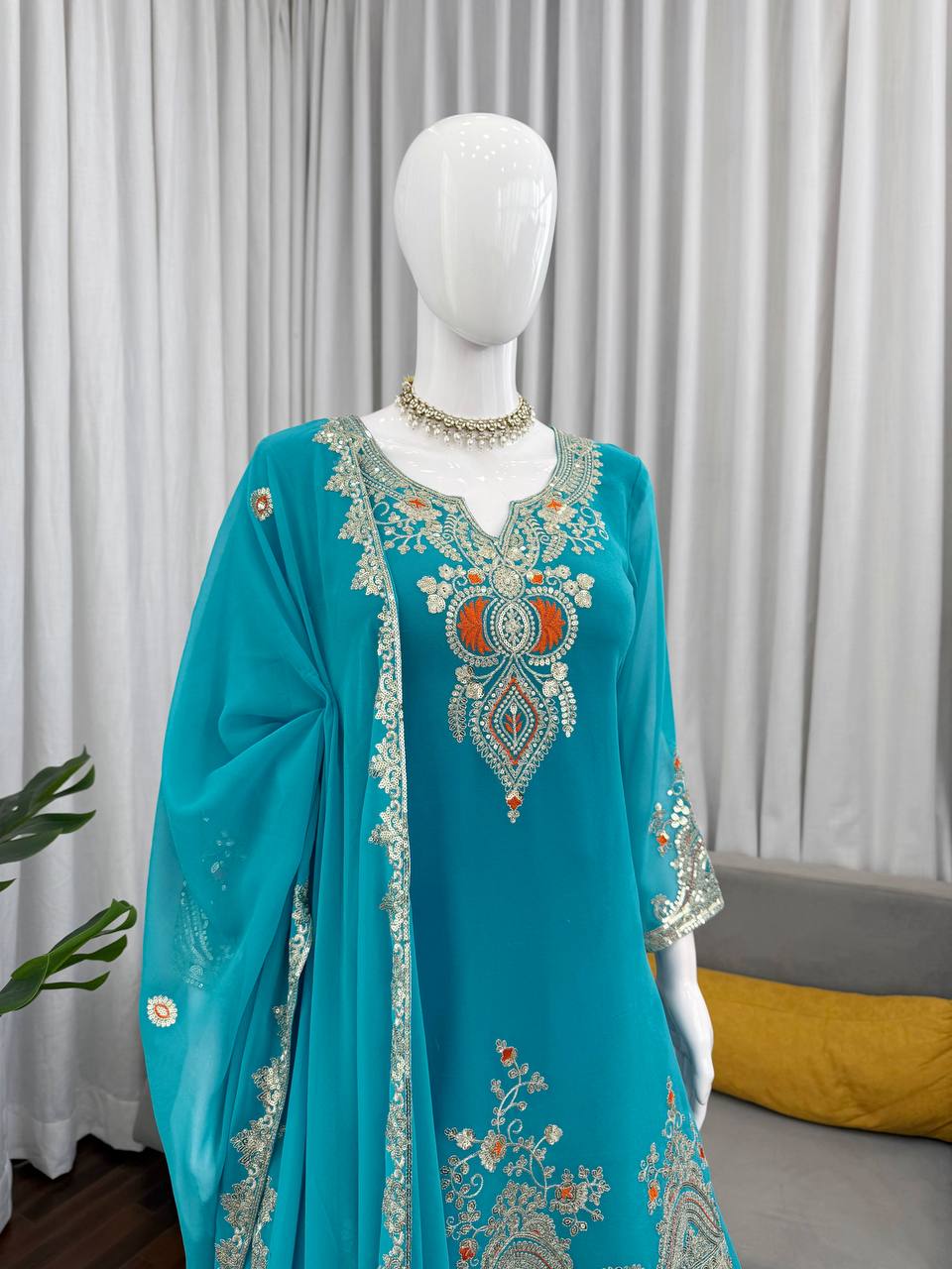Sky blue faux georgette thread & sequence work top-sharara and dupatta set